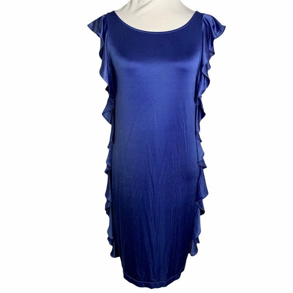 Vintage BCBG Flutter Sleeve Shift Dress M Blue Stretch Knit Pullover Round Neck